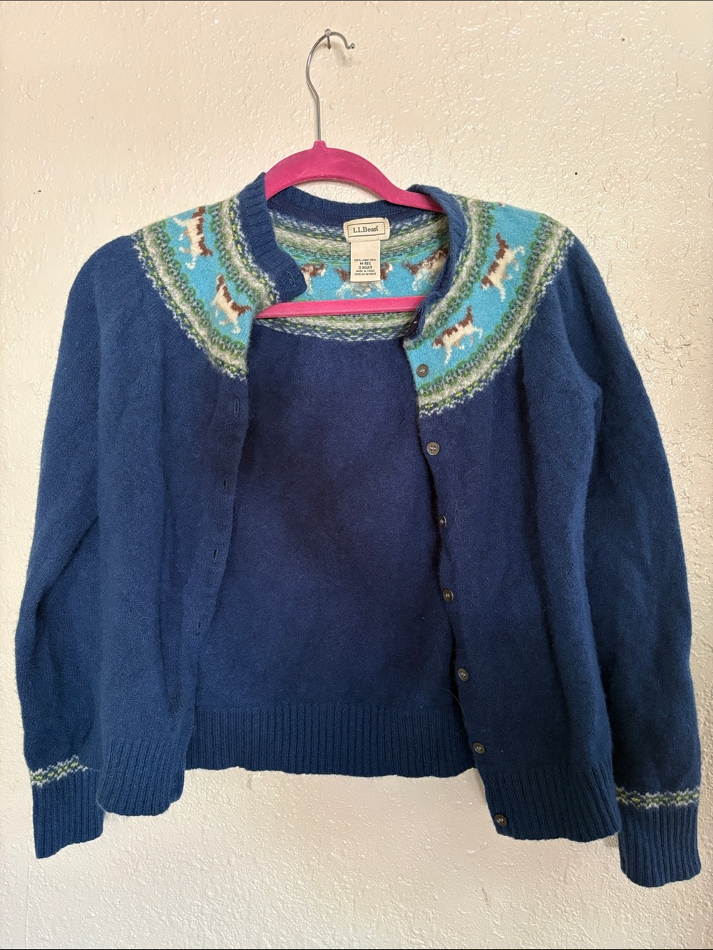 LL Bean lambswool dog cardigan
